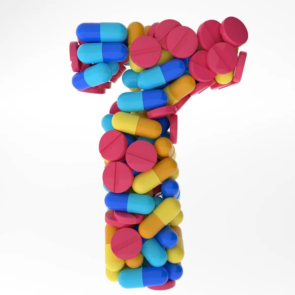 Carta Zayin feita de várias pílulas coloridas e comprimidos. 3d ilustração medicals fonte. isolado em fundo branco — Fotografia de Stock