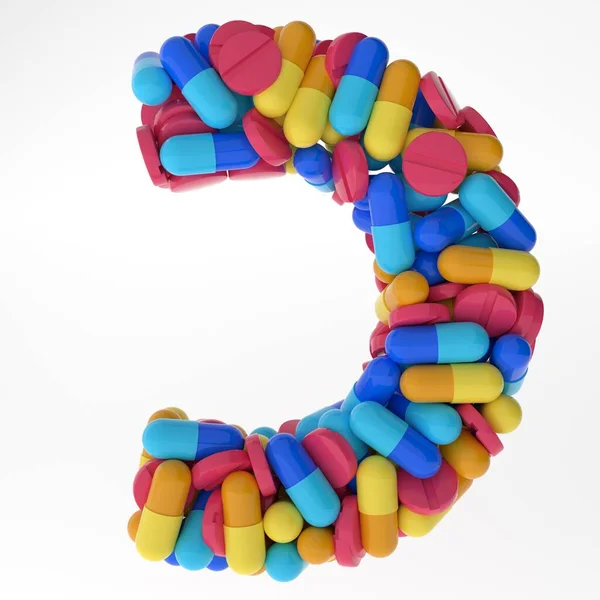Письмо Каф изготовлено из различных красочных таблеток и таблеток. 3d иллюстрации медикаменты шрифт. изолированные на белом фоне — стоковое фото