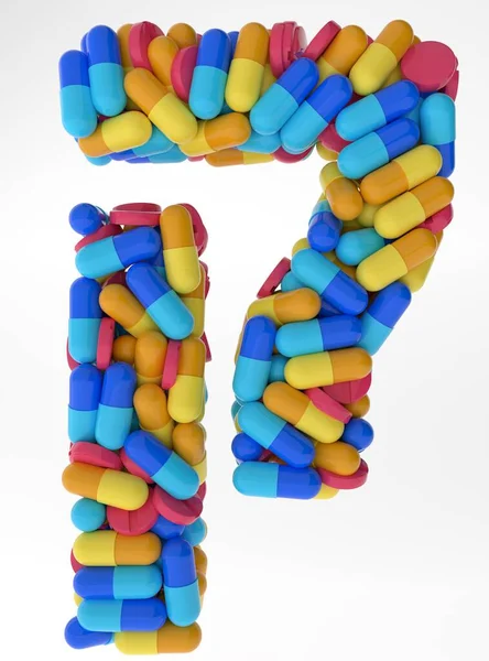 Carta Hebraica Qof feito de várias pílulas coloridas e comprimidos. 3d ilustração medicals fonte. isolado em fundo branco — Fotografia de Stock