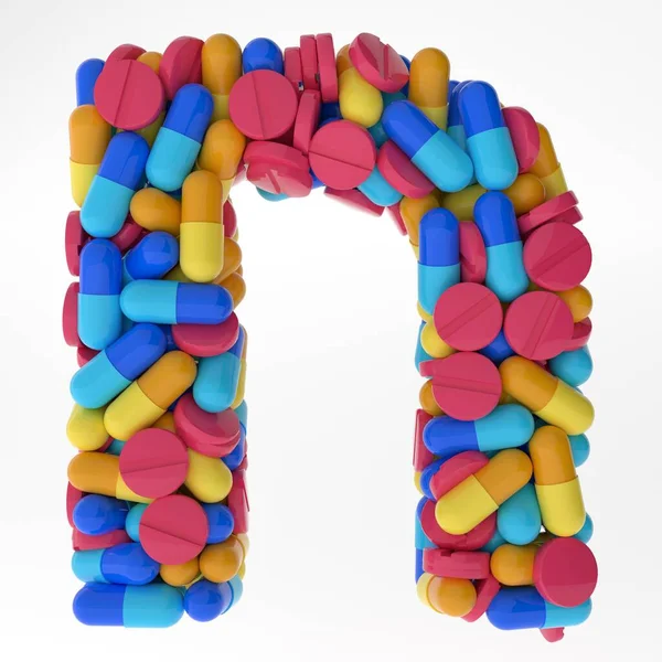 Письмо Чет из различных красочных таблеток и таблеток. 3d иллюстрации медикаменты шрифт. изолированные на белом фоне — стоковое фото