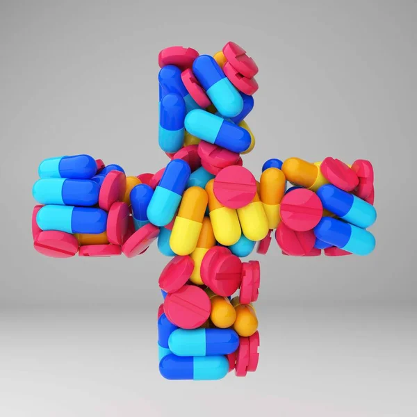 Um símbolo de farmácia feito de comprimidos multicoloridos. Ilustração 3d da farmácia plus. Banner para uma farmácia. Isolado em branco — Fotografia de Stock