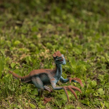 Küçük plastik bir dinozor oyuncağı seti portresi görünümünde
