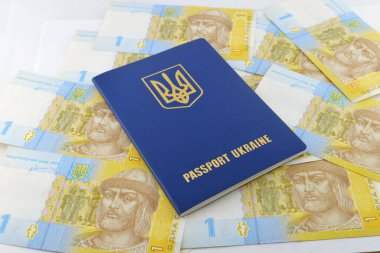 Ukrayna vatandaşının pasaportu Ukrayna Hrivnia 'sının banknotlarının arka planına karşı. Ukraynaca banknotların yazıtları