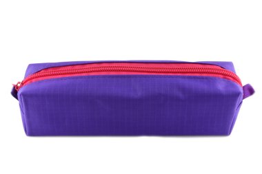 Kırmızı kilidi olan mor kalem kutusu.