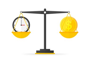 Zaman, ölçek simgesinde para dengesidir. Vektör illüstrasyonu