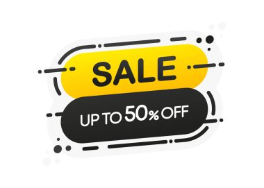 Beyaz arka planda% 50 indirimli Mega Discount düz pankart. Mega Satış. Soyut tasarım. Vektör illüstrasyonu