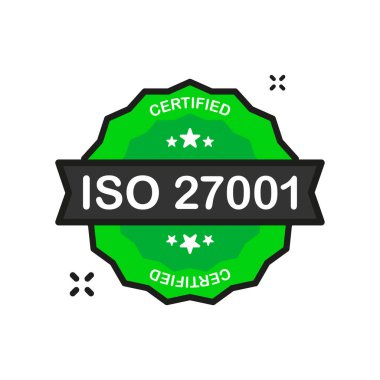 ISO 27001 sertifikalı yeşil pul simgesi. Beyaz arka planda düz stil. Vektör illüstrasyonu