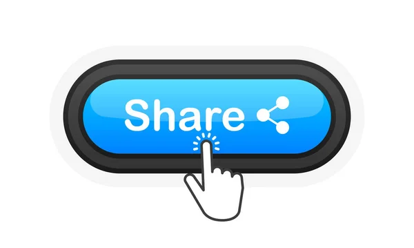 Compartir Botón Azul Realista Aislado Sobre Fondo Blanco Mano Pulsada — Vector de stock