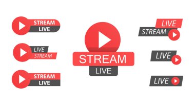 Kırmızı canlı yayın ikonları. Kırmızı semboller ve canlı yayın düğmeleri. Beyaz arkaplanda küme.
