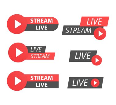 Kırmızı canlı yayın ikonları. Kırmızı semboller ve canlı yayın düğmeleri. Beyaz arkaplanda küme.