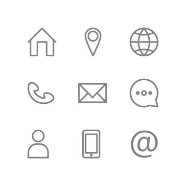 Bizimle irtibata geç ve gri simgeleri yerleştir. Beyaz arkaplanda basit çizgi vektör simgeleri ayarlandı.