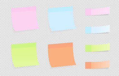 Şeffaf bir arkaplanda farklı tasarımlara sahip renkli kağıt çıkartmaları. Şeffaf bir arkaplanda gölgelenmiş yapışkan notlar.