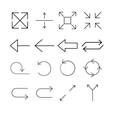 Siyah oklar ayarlandı. Ağ işaretleri koleksiyonu siyah oklar. Beyaz arkaplanda vektör illüstrasyonu