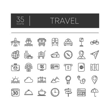 Modern kavramlar, web ve beyaz arka planda uygulamalar için 35 satır seyahat simgesi. Vektör illüstrasyonu.