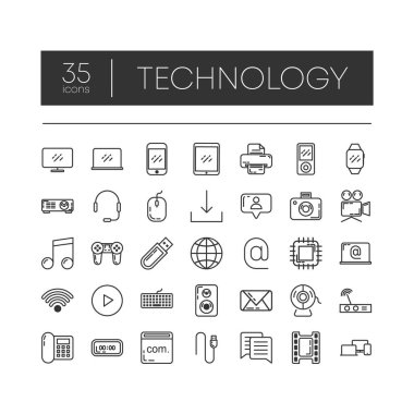 Modern kavramlar, web ve beyaz arka planda uygulamalar için 35 satır simgesi teknolojisi. Vektör illüstrasyonu.