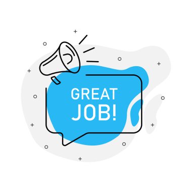 Hoparlör mavisi ile harika bir pazarlama tasarım rozeti. Beyaz arkaplanda vektör illüstrasyonu.