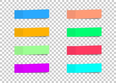 Şeffaf bir arkaplanda farklı tasarımlara sahip renkli kağıt çıkartmaları. Şeffaf bir arkaplanda gölgelenmiş yapışkan notlar.