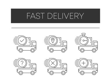 Gri çizgiler beyaz arkaplanda hızlı teslimat simgeleri oluşturur. Vektör illüstrasyonu.