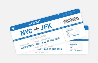 Beyaz arka planda iki mavi uçak bileti. Vektör illüstrasyonu.