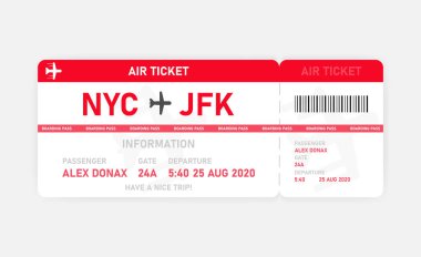 Beyaz arka planda kırmızı uçak bileti. Vektör illüstrasyonu.