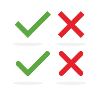 Kene ve çapraz işaretler. Yeşil onay işareti Tamam ve beyaz arkaplanda farklı tasarım kırmızı HAYIR simgesi. Basit işaretler grafik tasarımı. Vektör illüstrasyonu.