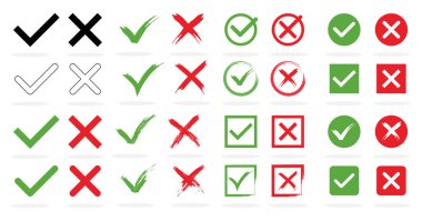 Büyük işaretler ve işaretler. Yeşil onay işareti Tamam ve beyaz arkaplanda farklı tasarım kırmızı HAYIR simgesi. Basit işaretler grafik tasarımı. Vektör illüstrasyonu.