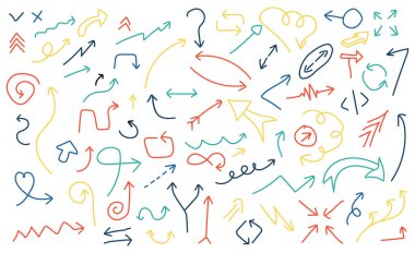 Renkli rastgele çizgi okları ayarlandı. Ağ işaretleri koleksiyonu siyah oklar. Beyaz arkaplanda vektör illüstrasyonu