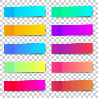 Şeffaf bir arkaplanda farklı tasarımlara sahip renkli kağıt çıkartmaları. Şeffaf bir arkaplanda gölgelenmiş yapışkan notlar.