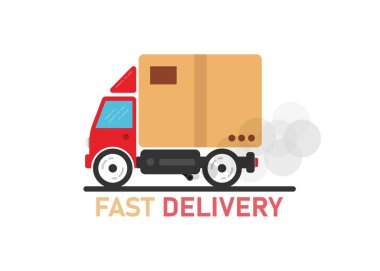 Beyaz arka planda hızlı teslimat arabası. Ürünün müşteriye teslimatı. Vektör illüstrasyonu.
