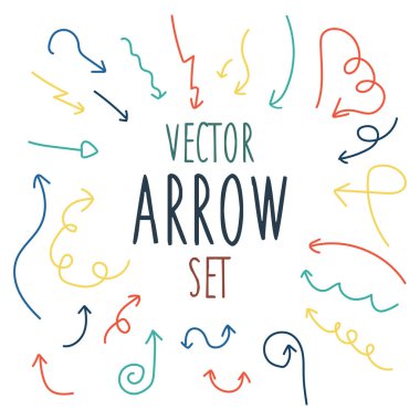 Farklı renk okun vektörü beyaz arkaplana el çizimi ayarlar. Vektör illüstrasyonu.