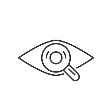 Beyaz arka planda gri göz ve arama cam doğrusal simgesi. Vektör illüstrasyonu.