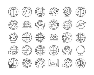 Beyaz arka planda büyük küre bağlantılı ana hatlar simgeleri. Web sitesi tasarımı ve geliştirilmesi için ince çizgi vektör simgeleri, uygulama geliştirme. Vektör illüstrasyonu.