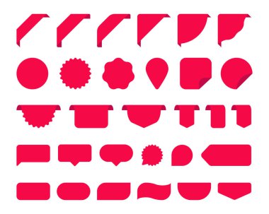 Etiketler için kırmızı etiket, yeni etiketler ve beyaz arkaplanda vektör etiketi simgeleri olan büyük bir set. Vektör illüstrasyonu.