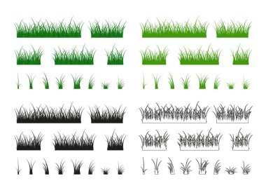 Çimen doğası büyük koleksiyonu. Bitkisel bitkiler. Tasarım elementleri beyaz arkaplanda izole edildi. Farklı renklerde bitkiler. Vektör