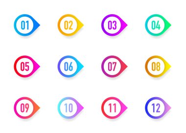 Koleksiyon 3 boyutlu oklar, beyaz arka planda izole edilmiş kurşun nokta üçgen bayraklar. Renkli gradyan işaretler. 1 'den 12' ye kadar. Vektör