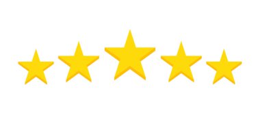 Beyaz arka planda uygulamalar ve web siteleri için beş yıldızlı ürün değerlendirme simgesi. Geri bildirim yıldızları. Vektör illüstrasyonu.