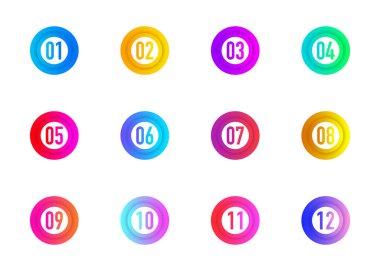 Toplama çemberleri, beyaz arka planda izole edilmiş kurşun nokta üçgeni bayrakları. Renkli gradyan işaretler. 1 'den 12' ye kadar. Vektör