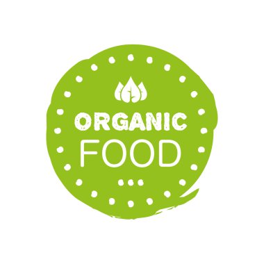 Organik gıda metin etiketli taze sağlıklı organik logo ve beyaz arka planda yeşil renk etiketi. Vektör el çizilmiş nesne