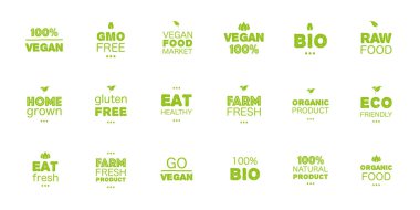 Mega taze sağlıklı organik vejetaryen yiyecekler koydu grunge logo etiketleri ve etiketleri farklı tasarım ve yeşil renk. Vektör el çizilmiş nesneler illüstrasyonu.