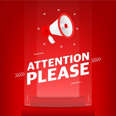 Megafonla lütfen havaya mesaj atın. İş, pazarlama ve kırmızı arka planda reklam afişi. Vektör