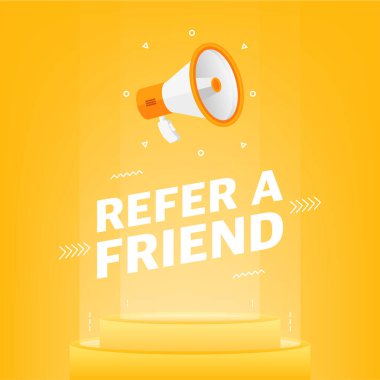 Megafonla havada bir arkadaş mesajı var. İş, pazarlama ve sarı arka planda reklam afişi. Vektör