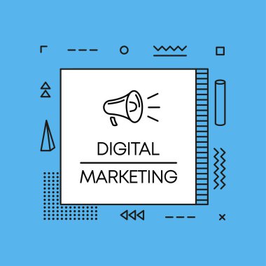 Dijital pazarlama konuşma baloncuklu geometri megafonu. İş ilanı, pazarlama ve mavi arka planda reklam. Vektör