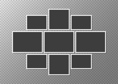 Saydam arkaplanda fotoğraf için şablon kolaj çerçeveleri. Montaj fotoğraf çerçevesi şablonu. Vektör