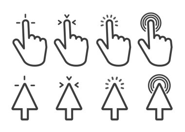 İşaret tıklama simgesi seti. İmleç tıklatılıyor, elle tıklatılıyor ve simgeleri yüklemeyi bekliyor. Vektör illüstrasyonu.