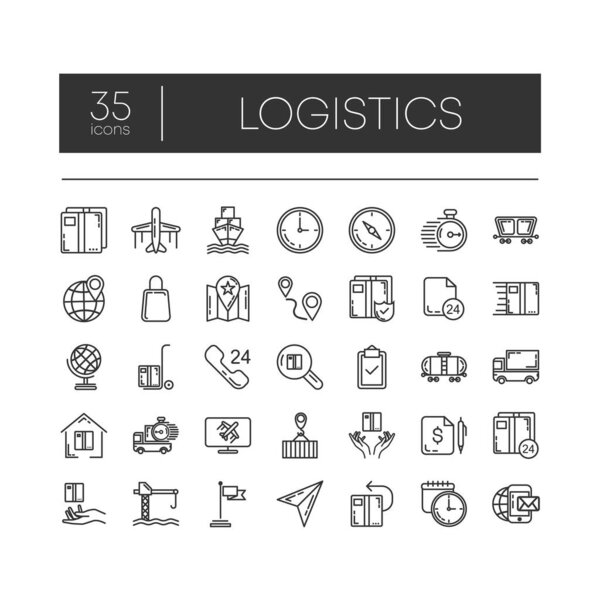 Набор 35 линейных иконок логистики для современных концепций, веб и приложений на белом фоне. Векторная иллюстрация.