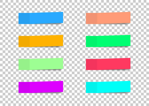 Colored paper stickers set with different designs on a transparent background. Shaded sticky notes on a transparent background.