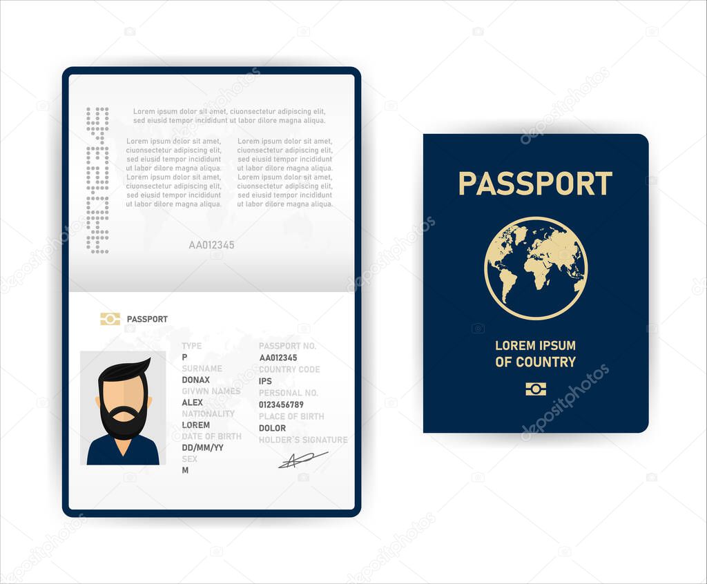 Realistic vector template open passport. International passport with sample personal data page o men. Document for travel and immigration. Vector illustration.