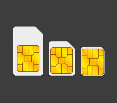 EMV çipli iki gerçekçi küresel cep telefonu sim kartı. Kredi kartı güvenliği için NFC çipi gri arka planda izole edilmiş. Vektör.
