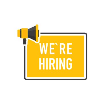 Megafon geometrik sarı pankartıyla konuşma balonu kiralıyorlardı. Düz stil. Vektör.