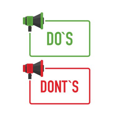 Megafon geometrik yeşil ve kırmızı pankartlı, do ve doz baloncuklu. Düz stil. Vektör.